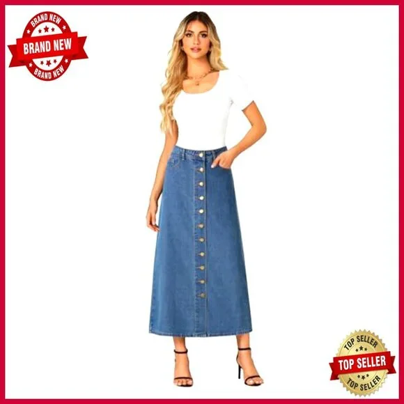 A Line Denim Midi Skirt High Waist Button Down Casual Elegant Retro Chic - Picture 6 of 7